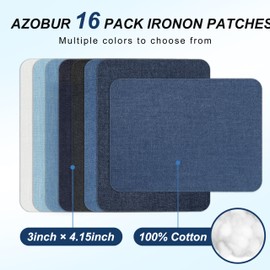 Azobur Iron on Patches for Clothing Repair, 16 Pcs Jean Patches for Inside and Outside, Sew on Iron on Denim Patches for Jeans Kits 3.1"x 4.15"（Eight Colors）