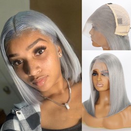 CUEKT 13x6 Grey Bob Lace Frontal Wig Human Hair Short Straight Transparent Front Wig Natural Density Pre Plucked Hairline Colored Gray Bob Wigs for Women 12 Inch