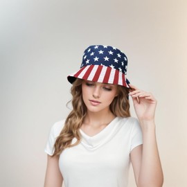 Lusstiazz American Flag Hat, 4th of July Bucket Sun Hats for Women Men White Blue Red Hats Trendy Beach Cap