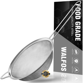 Walfos 6.3 Inch Fine Mesh Strainer, Premium Stainless Steel Sieve and Sifter with Handle, Kitchen Metal Strainers for Rice, Quinoa, Fruits, Noodles, Flour