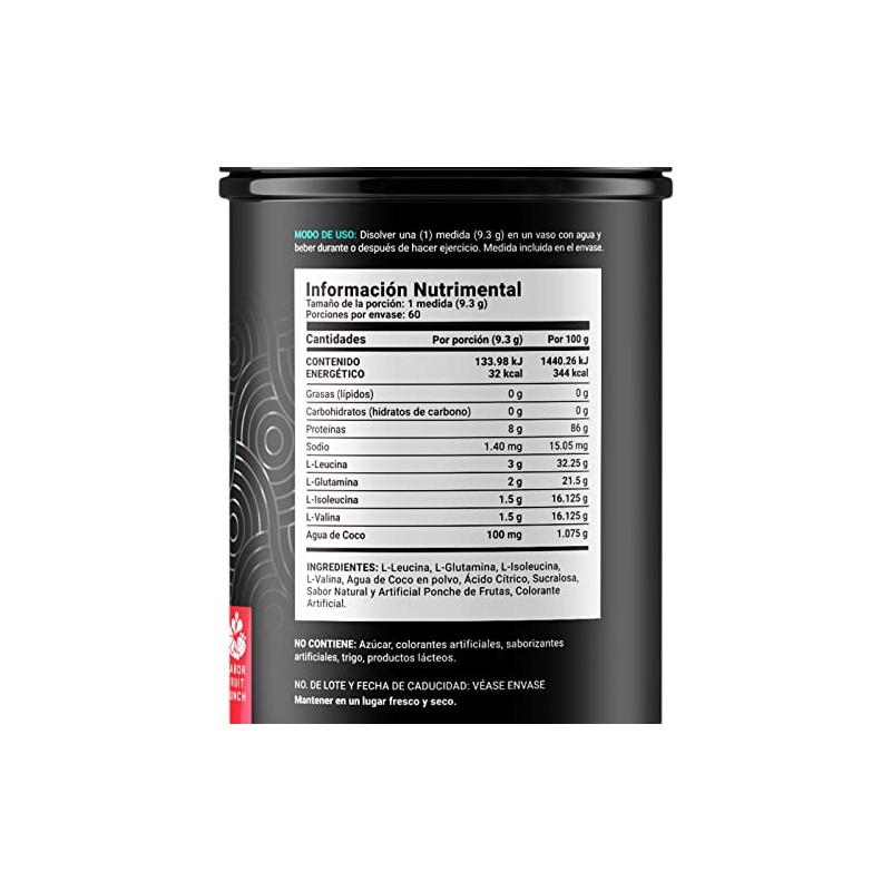 BCAAs con Glutamina en polvo con 60 Porciones. Leucina, Isoleucina,