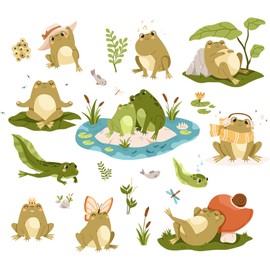 Removable Cute Frog Wall Decals Peel & Stick Frogs Dragonflies Lotus Pond Wall Stickers Set DIY Individual Stickers Kids Room Playroom Nursery Wall Decor