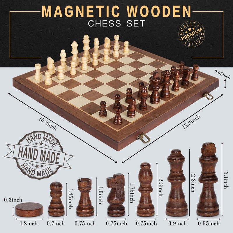 2 in 1 Magnetic Wooden Chess and Checkers Board Game