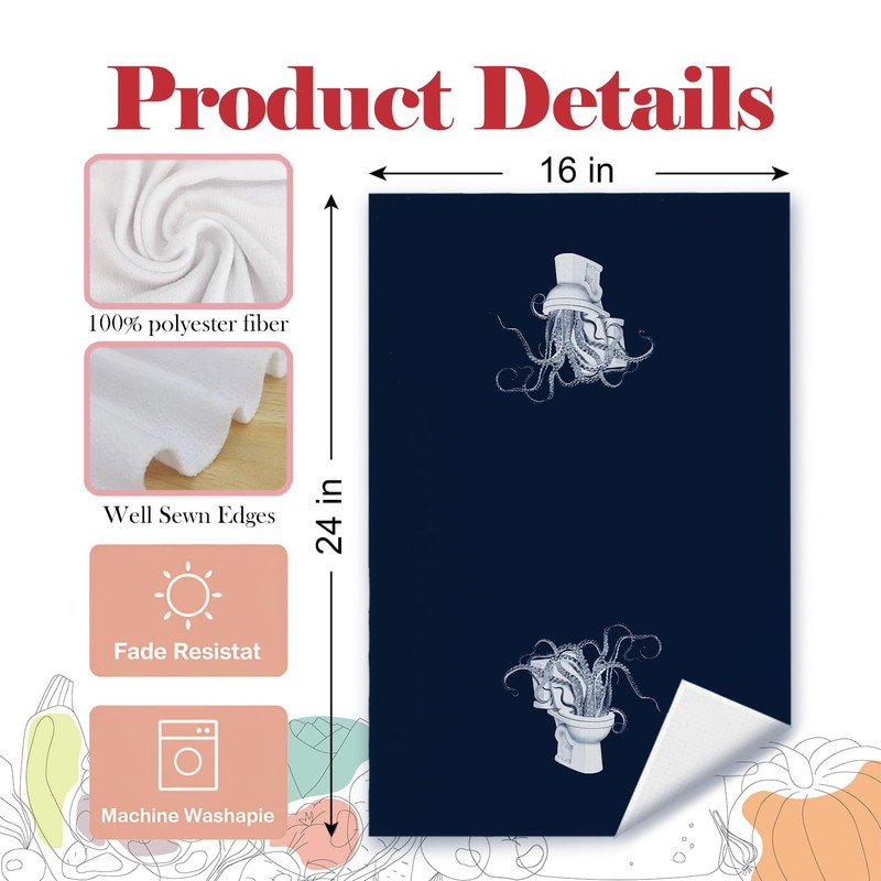 YRDBGHZDF Navy Blue Coastal Beach Octopus Hand Towels, Octopus Bathroom