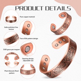 2 Piece Copper Magnetic Bracelet and Ring Set Magnetic Copper Bracelet and Magnetic Copper Ring for Men Women Adjustable Solid Copper Bangle Magnetic Ring with Magnet