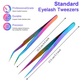 2 Pieces Straight and Curved Tip Tweezers Eyelash Extension Tweezers, Stainless Steel False Lash Application Tools (Iridescence)