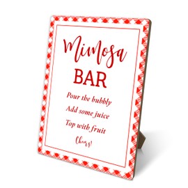 Mimosa Bar Sign, Red Plaid Wedding Shower Sign, Momosa Bar Decor For Wedding Reception Event Party, Bridal Shower Decorations, 8x11 Inches Tabletop Decor, Wood Sign With Stand, b29