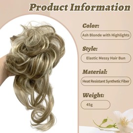 Messy Bun Hair Piece, Elastic Hair Bun Messy Hair Buns Hair Piece Hair Pieces for Women Clip in Ponytail Hair Accessories for Women (Ash Blonde with Highlights)