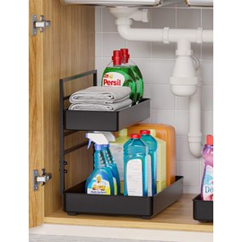 EVERIE Metal Pull Out Slide Shelf Organizer for Under Sink Organization in Kitchen, Bathroom, Counter, Cabinets, Minimum Available Space 13" Wide x 16.5" Deep (Black, 1 Set)
