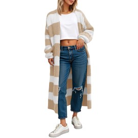 Saodimallsu Womens Striped Long Cardigan Sweaters Open Front Oversized Chunky Fuzzy Knit Fall Duster Sweater Coats Light Khaki