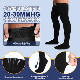 Calcetines de Compresión Alta hasta el Muslo Calcetines de Compresión de 20-30 Mmhg para Hombres Hinchazón (Negro, XXL)