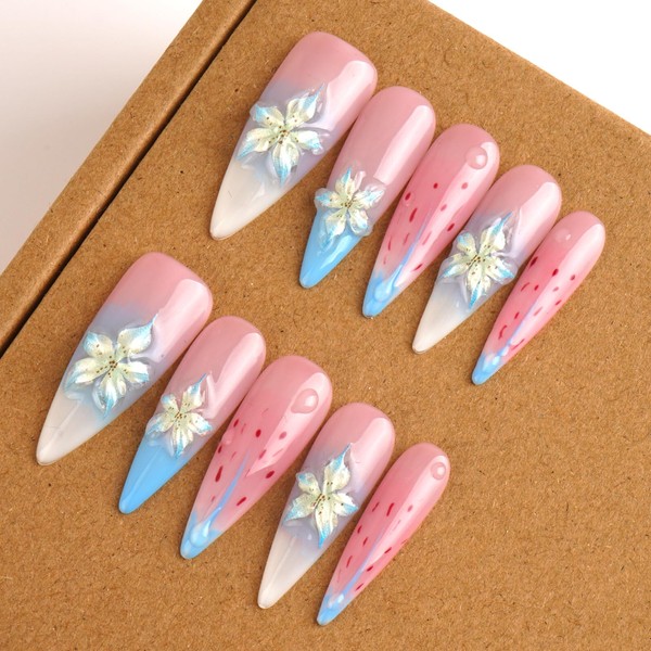 Tesytto Handmade Press-On Nails 10PCS - Trendy Almond French Tips,
