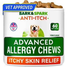BARK&SPARK Dog Allergy Relief Chews - Anti-Itch Skin & Coat Supplement - Omega 3 Fish Oil -Itching&Paw Licking - Dry Skin & Hot Spots - 60ct - Chicken