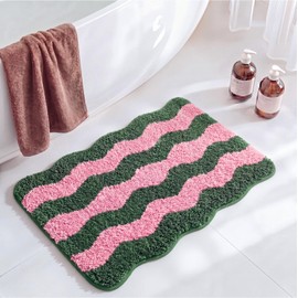 Nuanchu Cute Scalloped Bathroom Rug, Plush Tufted Absorbent Soft Wave Striped Bath Mat 24"x16", Non-Slip Washable Floor Carpet for Bathroom Bedroom Kitchen(Pink & Sage Green)