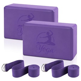 2 Yoga Block and 2 Yoga Strap Set, FHDUSRYO Non-slip EVA Foam Blocks, High Density Yoga Bricks with 6ft Strap, Supportive Latex-Free Yoga Block Accessories for Pilates, Stretching (Purple, 9×6×3")