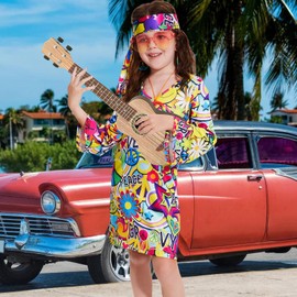 MRYUWB 70s Hippie Dress for Girls, 1970s Outfits Peace Sign Necklace Headband, 60s Themed Party Costumes for Kids 5-14 Years (Peace Love Colourful, 9-10 Years)