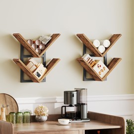 HOOBRO Floating Shelves for Wall, Set of 2 Wall Mounted Shelf, 2-Tier Wooden Hanging Shelves Storage Racks, Tree Bookshelves, for Living Room, Bedroom, Office, Rustic Brown and Black BF55BJP201