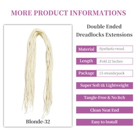 Shinon Dreadlocks Extension 22 Inch Double Ended Dreadlocks Extensions Dreads for Braiding 15 Strands Blonde 32 Handmade Wool Hip-Hop Reggae Braid In Dreads Dreadlock Extensions for Women