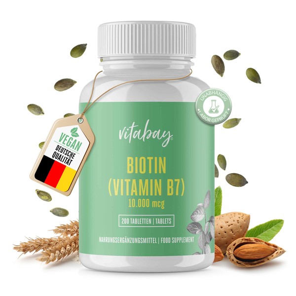 Biotin 10,000 mcg/10 mg – 200 Hair Growth Supplement – Vitamin B7 Hochdosiert for Healthy Hair, Nails and Skin – Vegan Tablets Suitable for Vegans