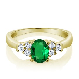 Gem Stone King 18K Yellow Gold Plated Silver Oval Green Nano Emerald and White Topaz Engagement Ring For Women (0.64 Cttw, Available in size 5, 6, 7, 8, 9)