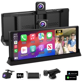 【350° Rotatable Lens】10.26''Wireless Apple CarPlay Screen for Car & 4K Dash Cam Portable Android Auto Car Stereo, Car Audio Receivers 1080P Backup Camera, Bluetooth/GPS Navigation/AirPlay/Googel/Siri