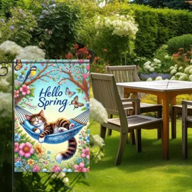 BlissYard Hello Spring Garden Flag 12x18 Inch Double Sided Sleeping Cat Seasonal Yard Flag Welcome Spring Wedding Decor for Farmhouse Holiday Outdoor Hello Summer Spring Decoration