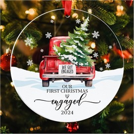 Our First Christmas Engaged 2024 Acrylic Ornament Red Car - Engagement Gifts for Couples, Just Engaged Gifts Wedding Ornaments for Bride, Newlywed, Bridal Shower Gift, Engaged Christmas Tree Ornament