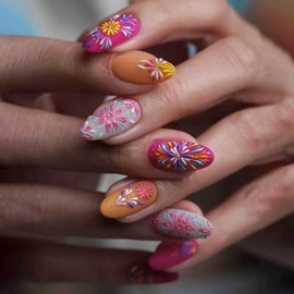 Colorful Flower Press on Nails Spring Summer False Nails Embossed Floral Designs Short Almond Shaped Acrylic Nails Glossy Fake Nails Full Cover Stick on Nails for Women DIY Manicuare 24 Pcs