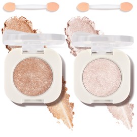 2 Colors Single Glitter Eyeshadow with Brush,Champagne Glow and Champagne Light Glow Eye-Shadow, Silky Fine Subtle Shimmer Eye Shadow with Lightweight & Ultra-Blendable Formula for Daily Eye Glitter
