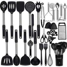 NCUE Kitchen Utensils Set, 35 Pcs Silicone Cooking Utensils Set with Holder, with Stainless Steel Handle Spatula Set, Spoons, Pasta Server, Cheese Grater, Masher, Scissors, Dishwasher Safe (Black)