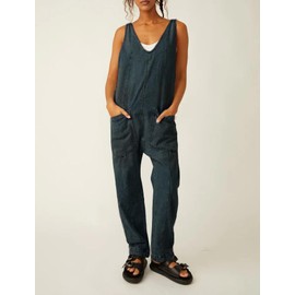 MUMUBELLA Women Denim Jumpsuit 2025 Casual One Piece Jean Jumpsuits with Pockets Baggy Overalls Loose Fit Denim Jumper Jumpsuits Dark Blue, M