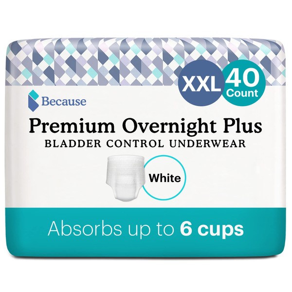 Because Unisex Premium Overnight Plus Pull Up Underwear - Extremely Absorbent, Soft & Comfortable Nighttime Leak Protection - White, XX-Large - Absorbs 6 Cups - 40 Count