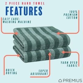 PREMIUS 2 Pack Stripes Hand Towel, Bath Towel, and Bath Sheet Towel, 100% Cotton Yarn Dyed, Hotel Luxurious Towel & Drying Experience, Great for Hands and Body (Teal-Green, Hand Towel)