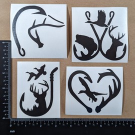 Land Air Sea Hunting Decal 4 Pack: Hook Antler Duck, Fishing Hook Deer Ducks, Antler Hook Heart with Waterfowl, Fishing Hunting Decals (Small ~3.5", Black)