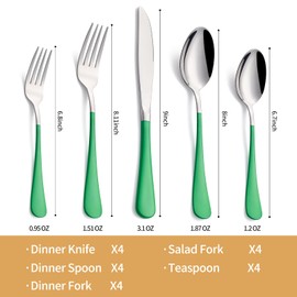 LKTDYMEG 20-Piece Green Silverware Set 18/0 Stainless Steel Silverware Set Green Handle Cutlery Set Service for 4 Dinner Knives Forks Spoons Set Flatware Set Finish Dishwasher Safe…