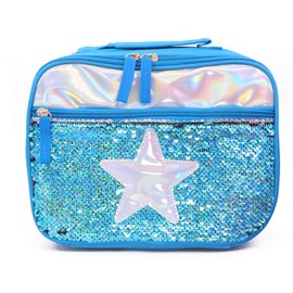 Portable Sequin Lunch Box Bag Insulated Lunch Food Tote Bag Reversible Sequin Mermaid Carry Bag Resistant Cooler Working School Picnics Star Food Storage Bag for Women Man Girl Kids (Blue)