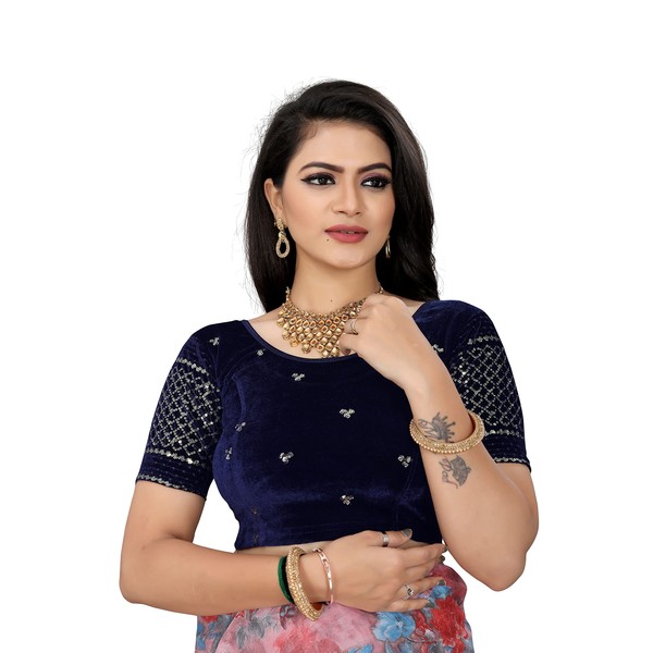 KNETLI Blusa de sari étnico indio de licra de terciopelo elástico para mujer, color beige, color verde, Azul, XL