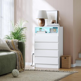 Garvee 4 Drawer Double Dresser with Power Outlet, Accent Chests of Drawers with LED Light, Modern White Storage Dresser with Charging Station, White