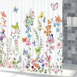 ZJRBJB Spring Floral Butterfly Shower Curtain Summer Colorful Wildflowers Botanical Shower Curtain for Rustic Vintage Bathroom Decor Easter Shower Curtain Set 72x72 Inches
