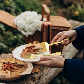 ROXBURGH - Juego de cuchillos y servidores para tartas de boda, grabado Mr and Mrs Gold Forks, juego de corte de pasteles para tartas y postres para bodas, aniversarios, despedidas de soltera,