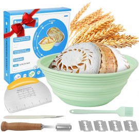 Silicone Banneton Bread Proofing Baskets, Sourdough Bread Baking Supplies, 9 Inch Round Foldable Baking Basket, Complete Set for Bread Making With Essential Tools and Gifts Green