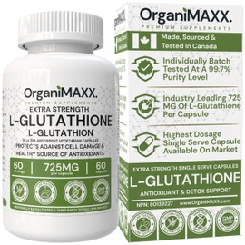 Glutathione 725mg Per Capsule OrganiMAXX L-Glutathione One A Day capsules. Glutathione Supplements for Antioxidant And Detox Support. Made In Canada Non-GMO, Vegan & Gluten Free.