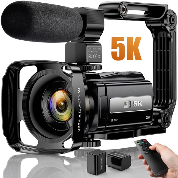5K Video Camera Camcorder 48MP UHD WiFi IR Night Vision Vlogging Camera for YouTube 16X Digital Zoom 3” Touch Screen Camera Recorder with Microphone, Handheld Stabilizer, Lens Hood,Remote,2 Batteries
