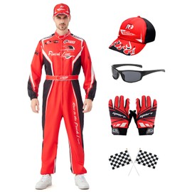Lopbraa Race Car Driver Costume Men with Hat, Full Set Racing Jumpsuit Racer Outfits with Gloves Flag and Sunglasses for Adult(Red)