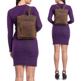 ROYALZ 'Carolina' Modern Leather Backpack Women's Elegant Small City Backpack in Vintage Look Flat Genuine Leather Daypack Daypack Backpack Handbag Made of Genuine Leather, Nevada Brown