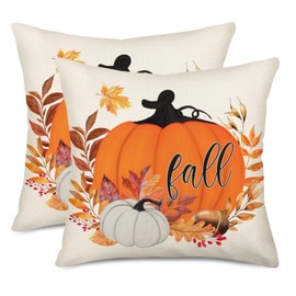 Smilyard Fall Autumn Orange Pumpkin Throw Pillow Covers 16x16 Inch Set of 2 Thanksgiving Maple Leaf Pumpkins Outdoor Decorative Pillows Cover Harvest Linen Pillowcase for Bed Couch Sofa Decor