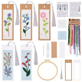 INFUNLY 5 Set Embroidery Bookmark Set Plant Book Marker Cross Stitch Kits DIY Hand Embroidery Bookmark Counted Cross Stitch Kit for Reading Teacher Gift Instruction Included