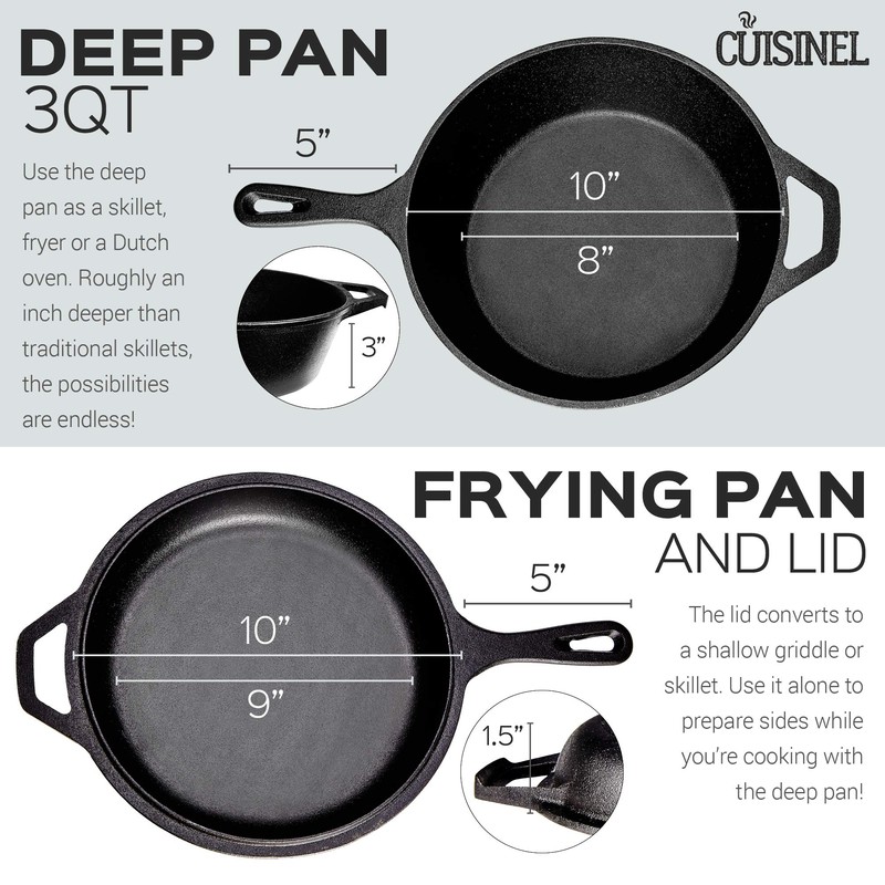 Cast Iron Skillet + Lid - 2-In-1 Multi Cooker -