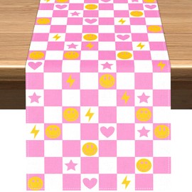 Vohado Preppy Party Decorations Pink Smiley Face Y2k Table Runner for Girls Bachelorette Party Dining Room Home Kitchen Island Decor