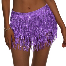 Belly Dance Skirt Sequins Tassel Hip Scarf Glitter Skirt Rave Party Dance Performance Costume for Women Girls Purple